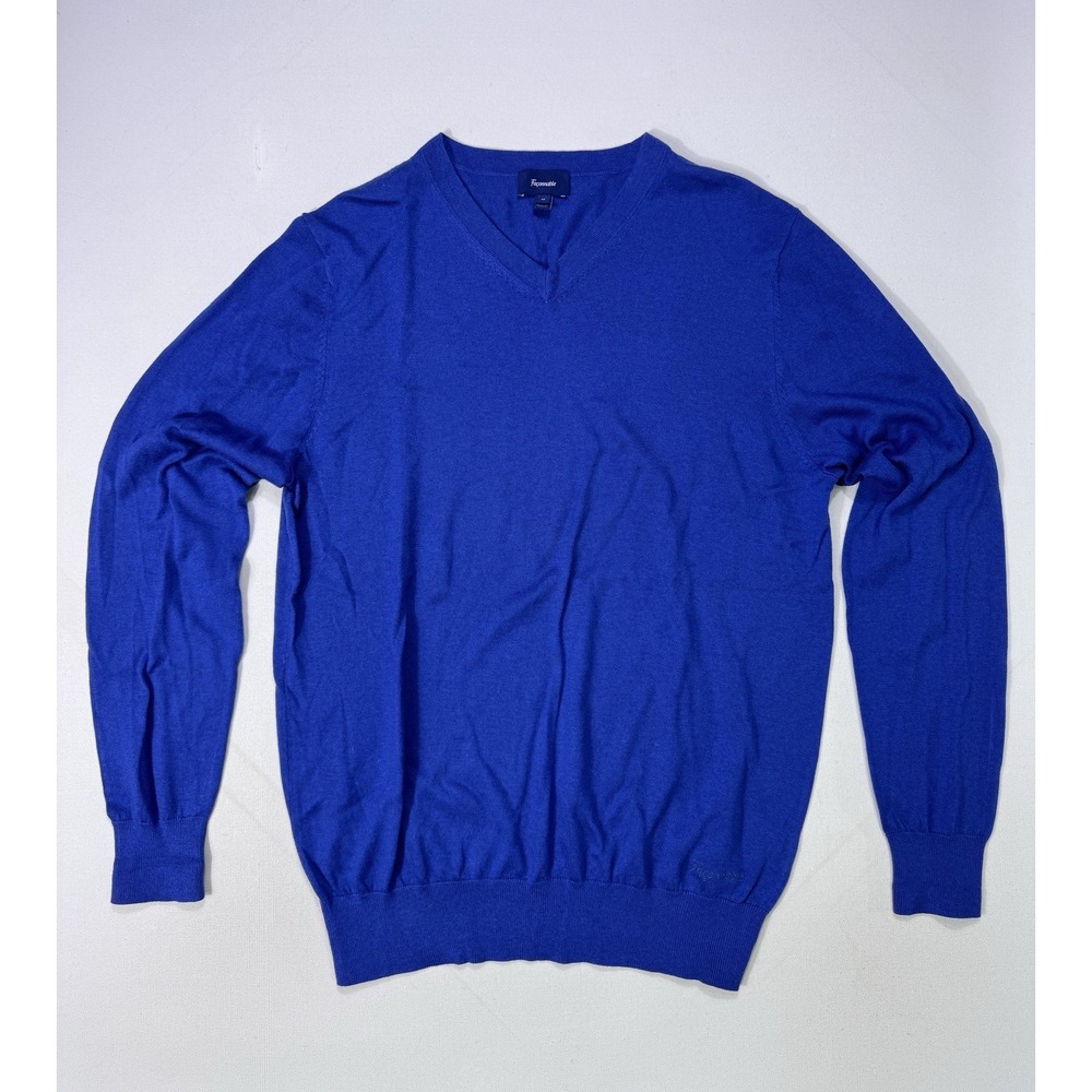 Faconnable Men Medium Blue Silk Cashmere Cotton V-Neck Sweater Pullover Knit M